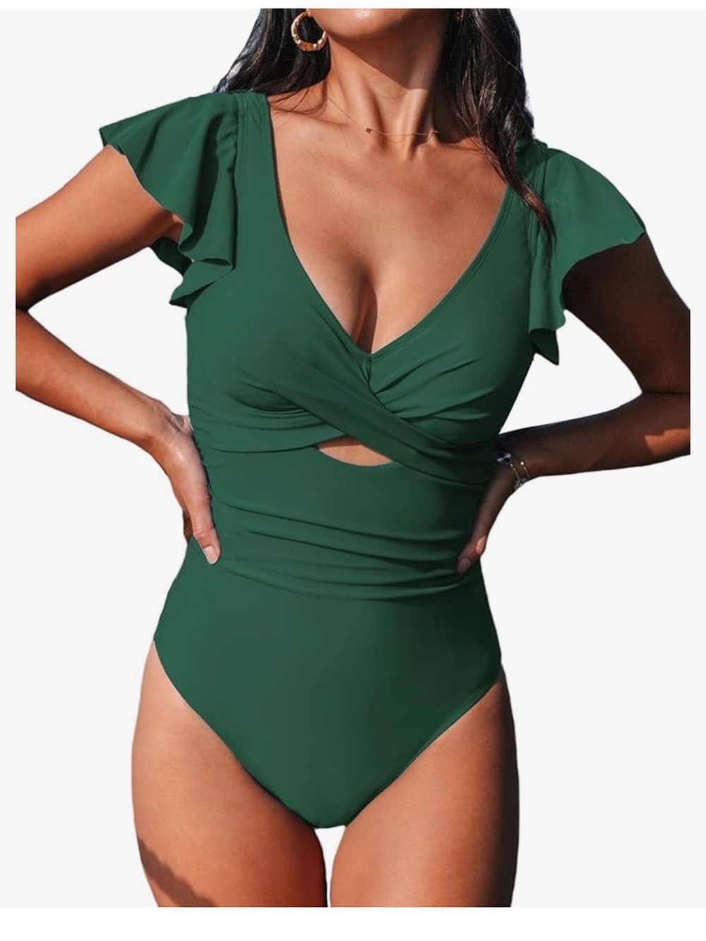 Cupshe Emerald Green Twist-Front One-Piece Swimsuit with Ruffle Sleeves